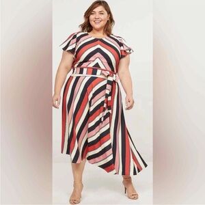Lane Bryant Fit & Flare Dress Flutter Sleeve Belted Stripe Multicolor 18